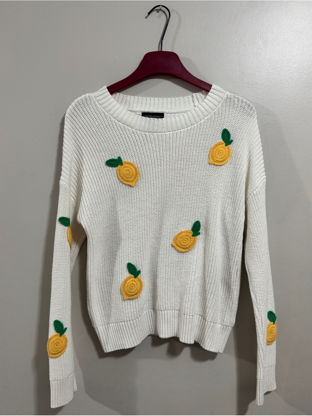 Cynthia Rowley Lemon Sweater M White Knit Fruit Lemon Embroidered Cottagecore